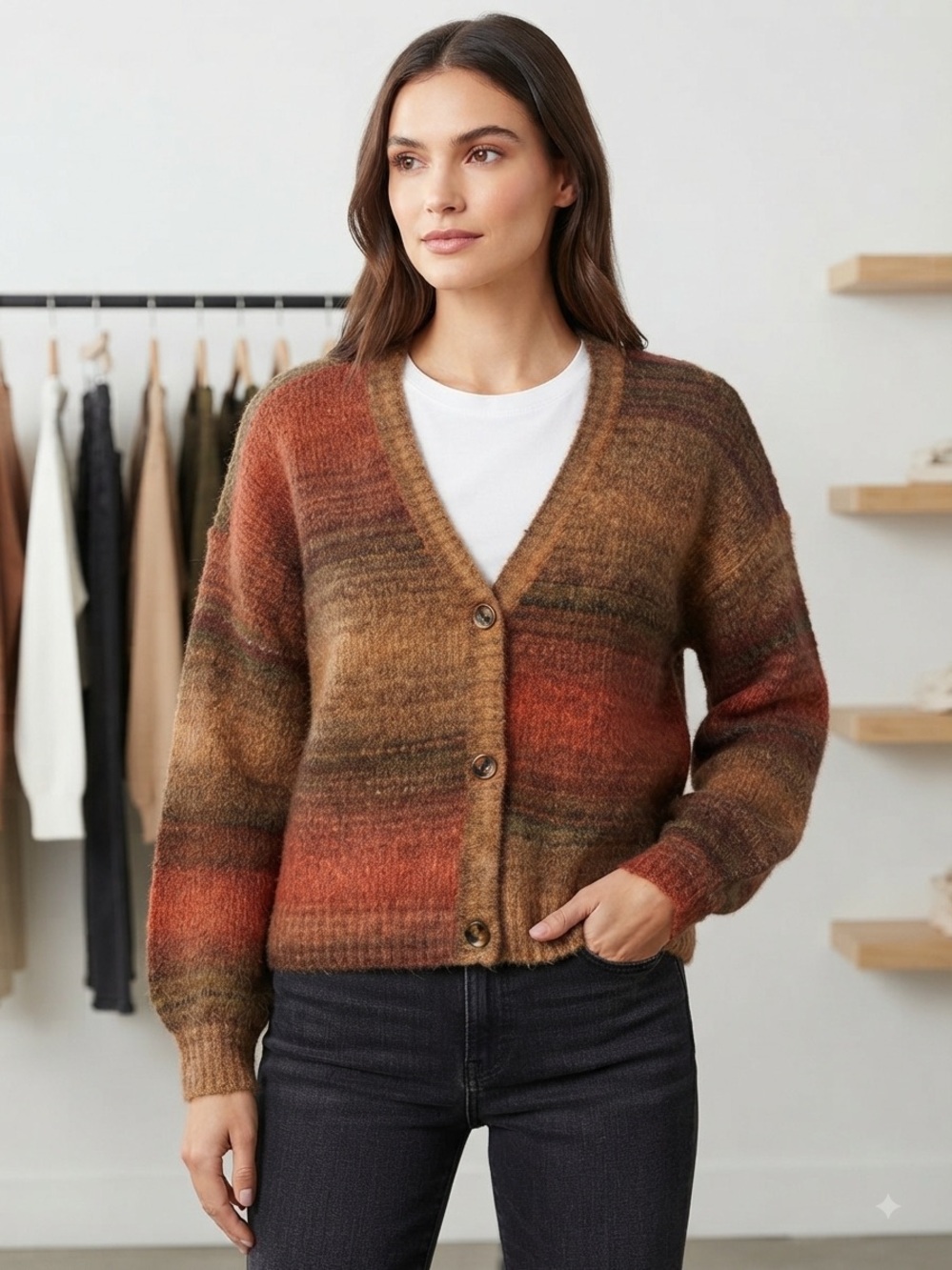 CHRISTIAN SIRIANO Gradient V-Neck Button Cardigan S 20.5” p2p Rust Multi $55 EUC